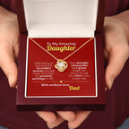 Necklace with a heart-shaped pendant in a box with a message to an amazing daughter from Dad.